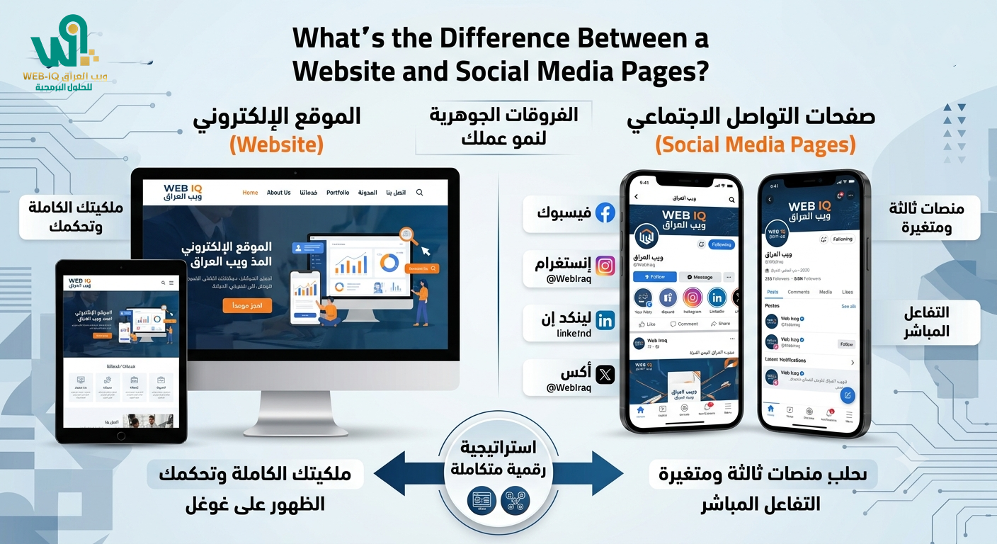 ما الفرق بين الموقع الإلكتروني وصفحات التواصل لشركتك؟ | ويب العراق web iq